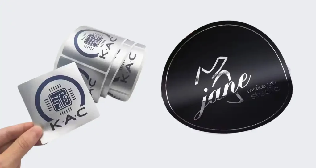 A collection of custom metallic silver stickers showcasing various finishes, including brushed, chrome, and embossed effects with custom printing.